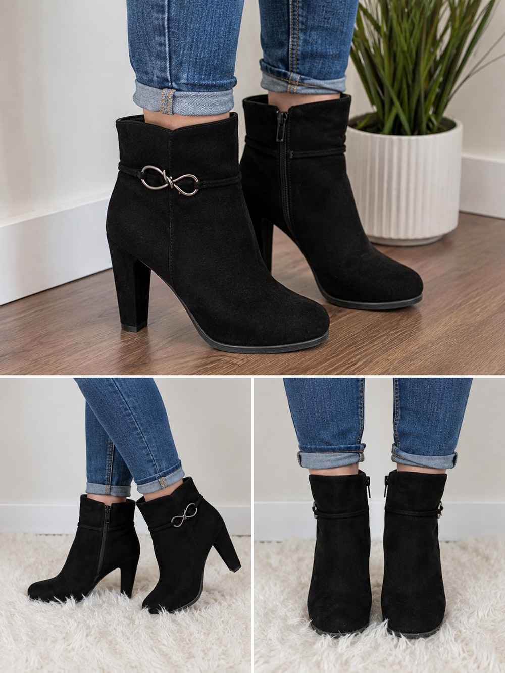 IMPO Black Faux Suede Bow High Heel Ankle Boots Zip Booties Women’s Size 8M